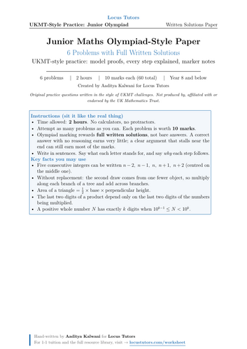 Junior Maths Olympiad-Style Paper: 6 Problems with Full Written Solutions