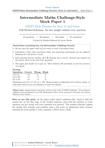 Intermediate Maths Challenge-Style Mock Paper 1 (UKMT-Style Practice) with Full Worked Solutions