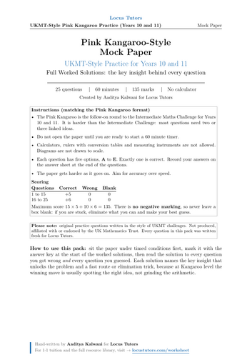 Pink Kangaroo-Style Mock Paper (UKMT-Style Practice, Years 10-11) with Full Worked Solutions