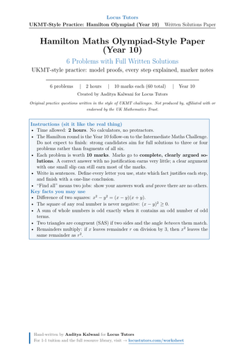 Hamilton Maths Olympiad-Style Paper (Year 10): 6 Problems with Full Written Solutions