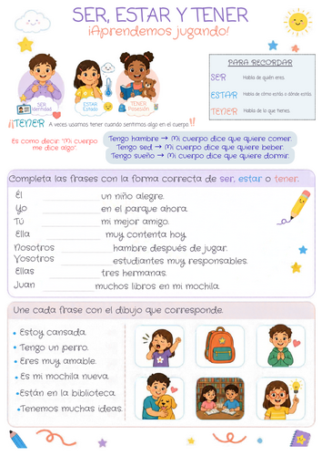 Ser, Tener, Estar basics native Spanish primary or KS3 beginners