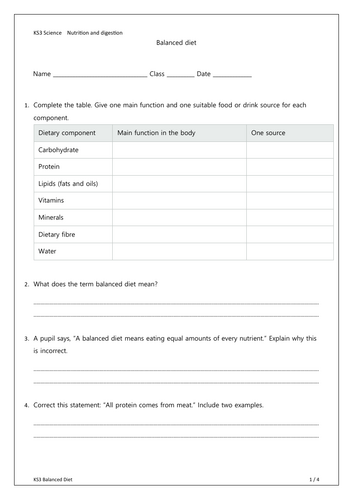 KS3 Balanced diet (presentation & exercises)
