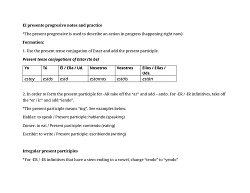 El presente progresivo notes and practice