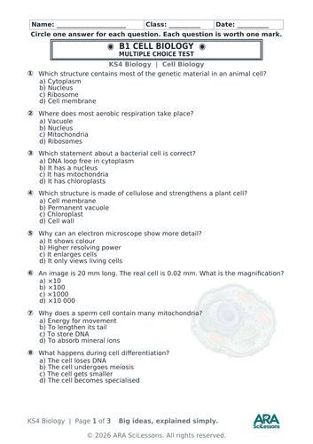 AQA GCSE Biology B1 Cell Biology Quick Test with Answers