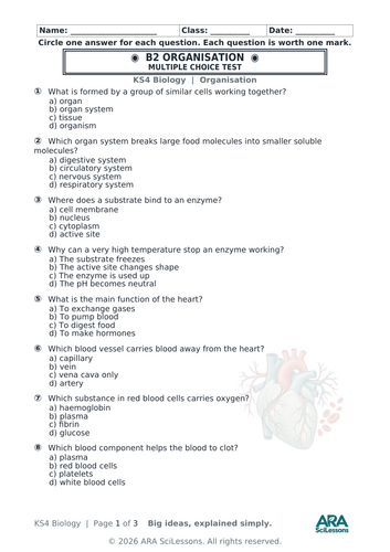 Title: AQA GCSE Biology B2 Organisation Quick Test with Answers