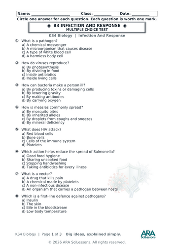AQA GCSE Biology B3 Infection and Response Quick Test with Answers