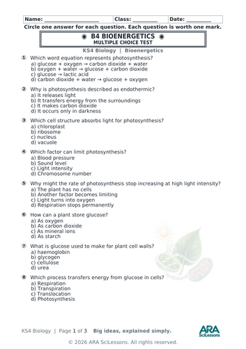 AQA GCSE Biology B4 Bioenergetics Quick Test with Answers