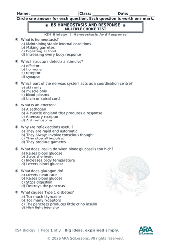 AQA GCSE Biology B5 Homeostasis and Response Quick Test with Answers