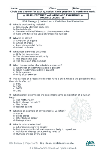 AQA GCSE Biology B6 Inheritance, Variation and Evolution Quick Test with Answers