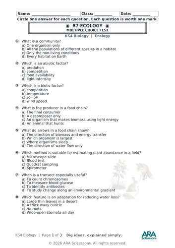 AQA GCSE Biology B7 Ecology Quick Test with Answers