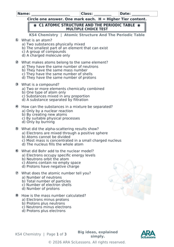 AQA GCSE Chemistry C1 Atomic Structure and the Periodic Table Quick Test with Answers