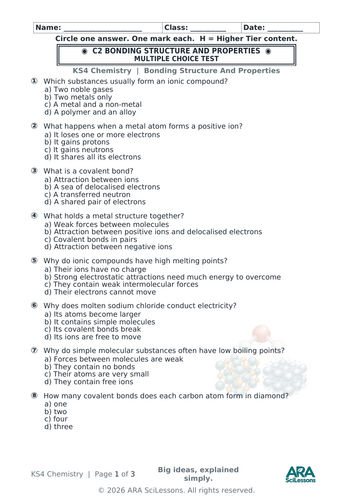 AQA GCSE Chemistry C2 Bonding, Structure and Properties Quick Test with Answers