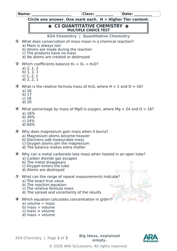 AQA GCSE Chemistry C3 Quantitative Chemistry Quick Test with Answers