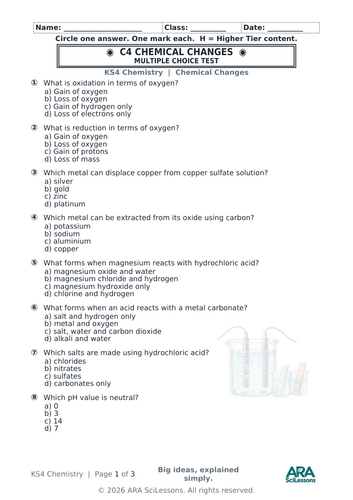 AQA GCSE Chemistry C4 Chemical Changes Quick Test with Answers