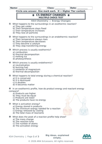 AQA GCSE Chemistry C5 Energy Changes Quick Test with Answers
