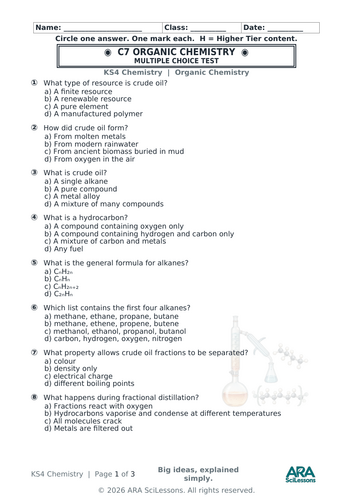AQA GCSE Chemistry C7 Organic Chemistry Quick Test with Answers