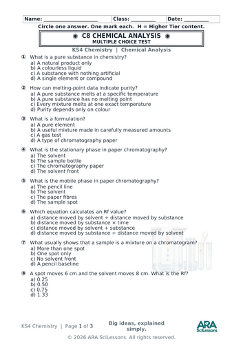 AQA GCSE Chemistry C8 Chemical Analysis Quick Test with Answers
