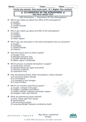 AQA GCSE Chemistry C9 Chemistry of the Atmosphere Quick Test with Answers