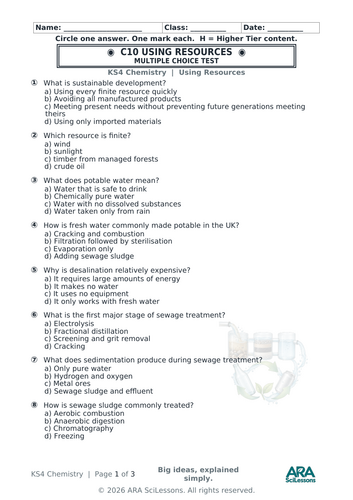 AQA GCSE Chemistry C10 Using Resources Quick Test with Answers