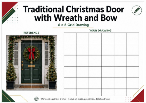 Traditional Christmas Door Grid Drawing Worksheet | Festive Art Activity | KS3 KS4