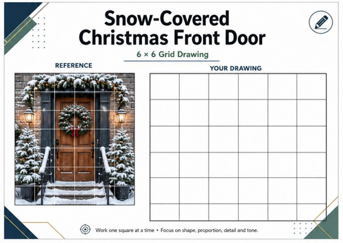 Snowy Christmas Door Grid Drawing Worksheet | Winter Art Activity | KS3 KS4
