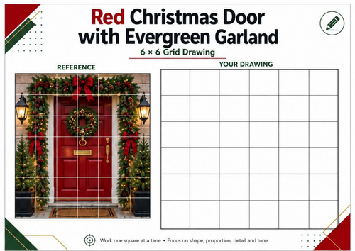 Red Christmas Door Grid Drawing Worksheet | Christmas Art Activity | KS3 KS4