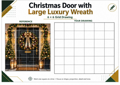 Luxury Christmas Wreath Door Grid Drawing Worksheet | Festive Art | KS3 KS4