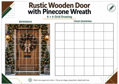 Rustic Christmas Door Grid Drawing Worksheet | Pinecone Wreath Art | KS3 KS4