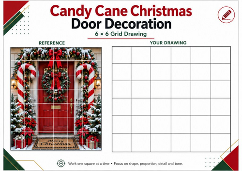 Candy Cane Christmas Door Grid Drawing Worksheet | Festive Art Activity | KS3 KS4