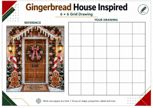 Gingerbread Christmas Door Grid Drawing Worksheet | Christmas Art | KS3 KS4