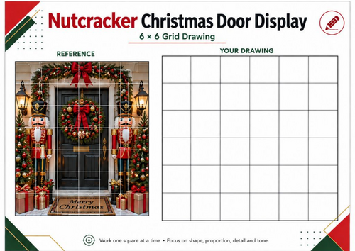 Nutcracker Christmas Door Grid Drawing Worksheet | Festive Art Activity | KS3 KS4
