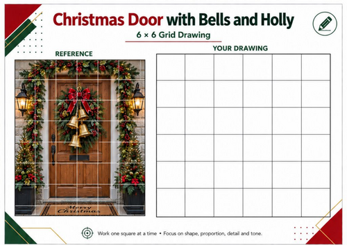 Christmas Bells & Holly Door Grid Drawing Worksheet | Festive Art | KS3 KS4