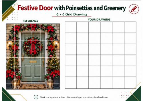 Poinsettia Christmas Door Grid Drawing Worksheet | Festive Art Activity | KS3 KS4