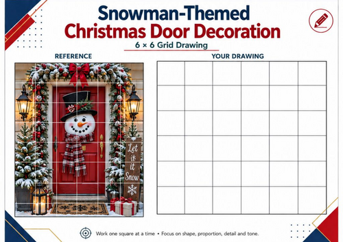 Snowman Christmas Door Grid Drawing Worksheet | Winter Art Activity | KS3 KS4