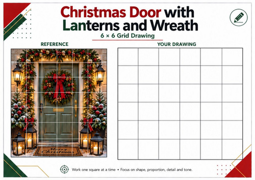 Christmas Lantern Door Grid Drawing Worksheet | Wreath Art Activity | KS3 KS4