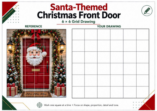 Santa Christmas Door Grid Drawing Worksheet | Festive Art Activity | KS3 KS4