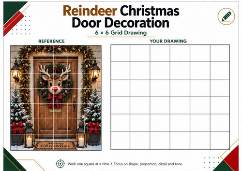 Reindeer Christmas Door Grid Drawing Worksheet | Festive Art Activity | KS3 KS4