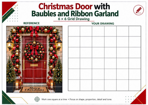 Christmas Baubles & Ribbon Door Grid Drawing Worksheet | KS3 KS4 Art