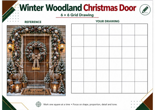 Winter Woodland Christmas Door Grid Drawing Worksheet | KS3 KS4 Art