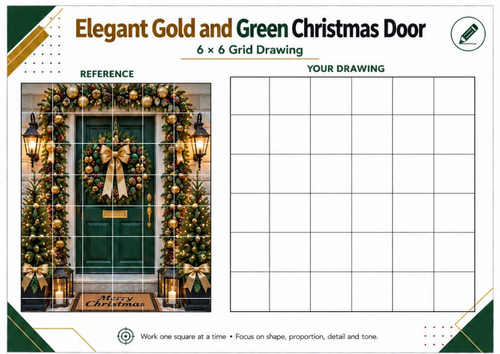 Gold & Green Christmas Door Grid Drawing Worksheet | Festive Art | KS3 KS4