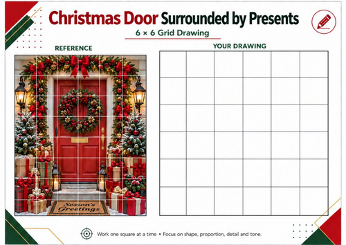 Christmas Presents Door Grid Drawing Worksheet | Festive Art Activity | KS3 KS4