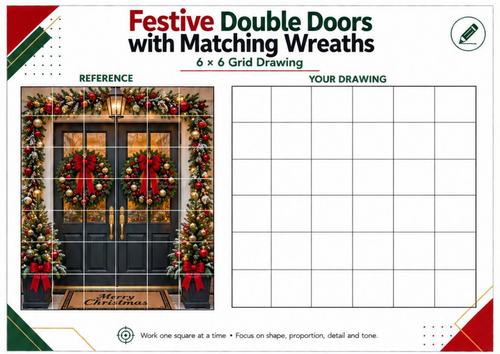 Christmas Double Doors Grid Drawing Worksheet | Festive Wreath Art | KS3 KS4