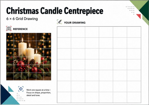 Christmas Candle Centrepiece Grid Drawing Worksheet | 6x6 Festive Drawing | KS3 KS4 Art