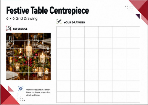 Festive Table Centrepiece Grid Drawing Worksheet | Christmas Art Activity | KS3 KS4