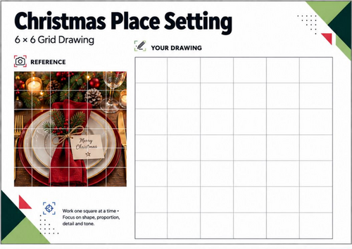 Christmas Place Setting Grid Drawing Worksheet | Festive Still Life Art | KS3 KS4