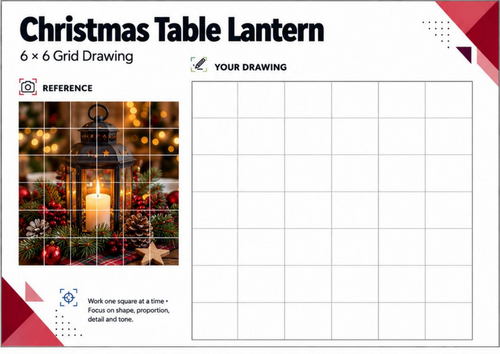 Christmas Lantern Grid Drawing Worksheet | Festive Table Decoration Art | KS3 KS4