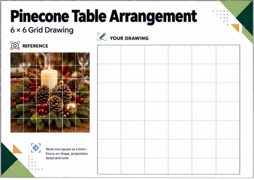 Pinecone Christmas Arrangement Grid Drawing Worksheet | Festive Art | KS3 KS4