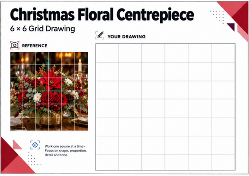 Christmas Floral Centrepiece Grid Drawing Worksheet | Festive Flowers | KS3 KS4 Art