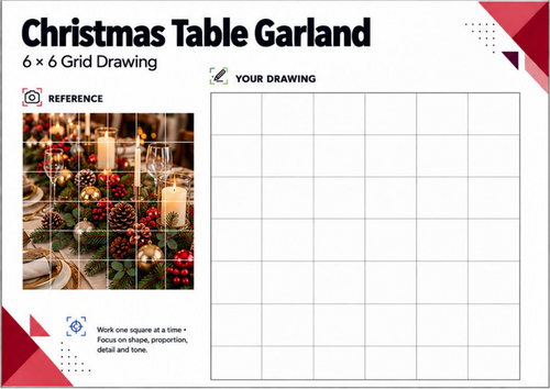 Christmas Table Garland Grid Drawing Worksheet | Festive Still Life | KS3 KS4 Art