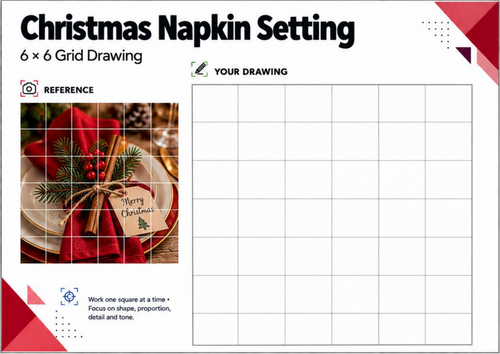 Christmas Napkin Setting Grid Drawing Worksheet | Festive Table Art | KS3 KS4